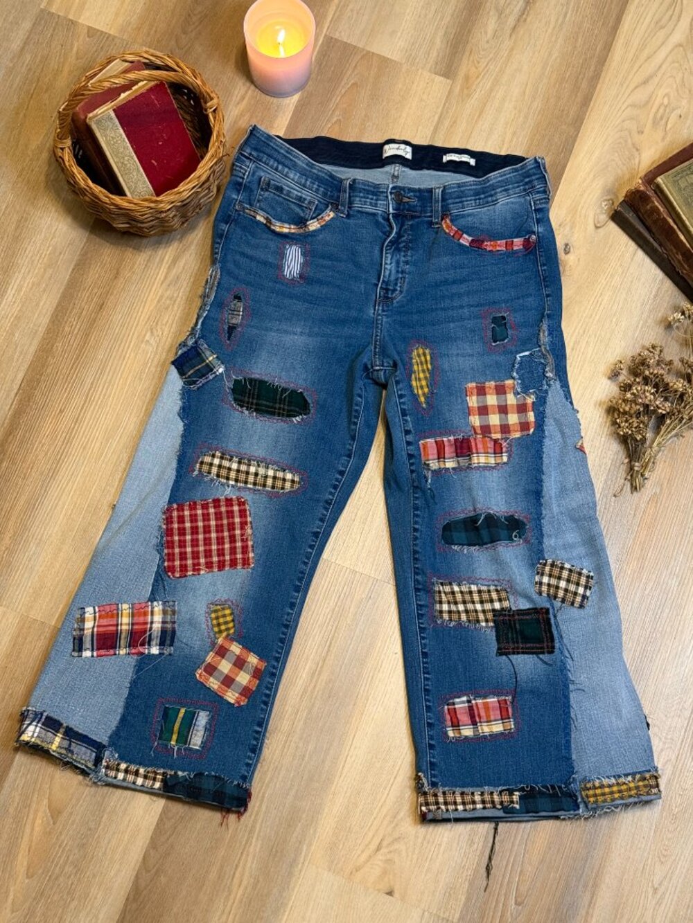 Upcycled Patchwork Jeans | Wide Leg Patched Denim | Visible Mending Art - Picture 3 of 11
